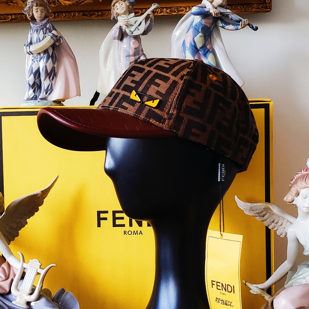 Fendi Brown FF Monster Eyes monogram baseball cap hat Thick Leather Brim - Picture 2 of 5